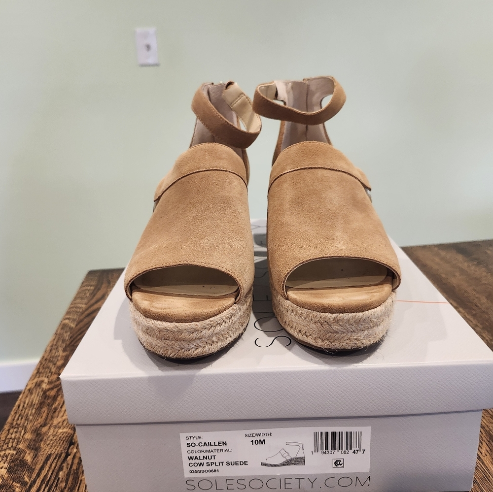 Sole Society Camel Tan Suede Espadrille Ankle Strap Wedge Sandal Sz 10 - Picture 4 of 6